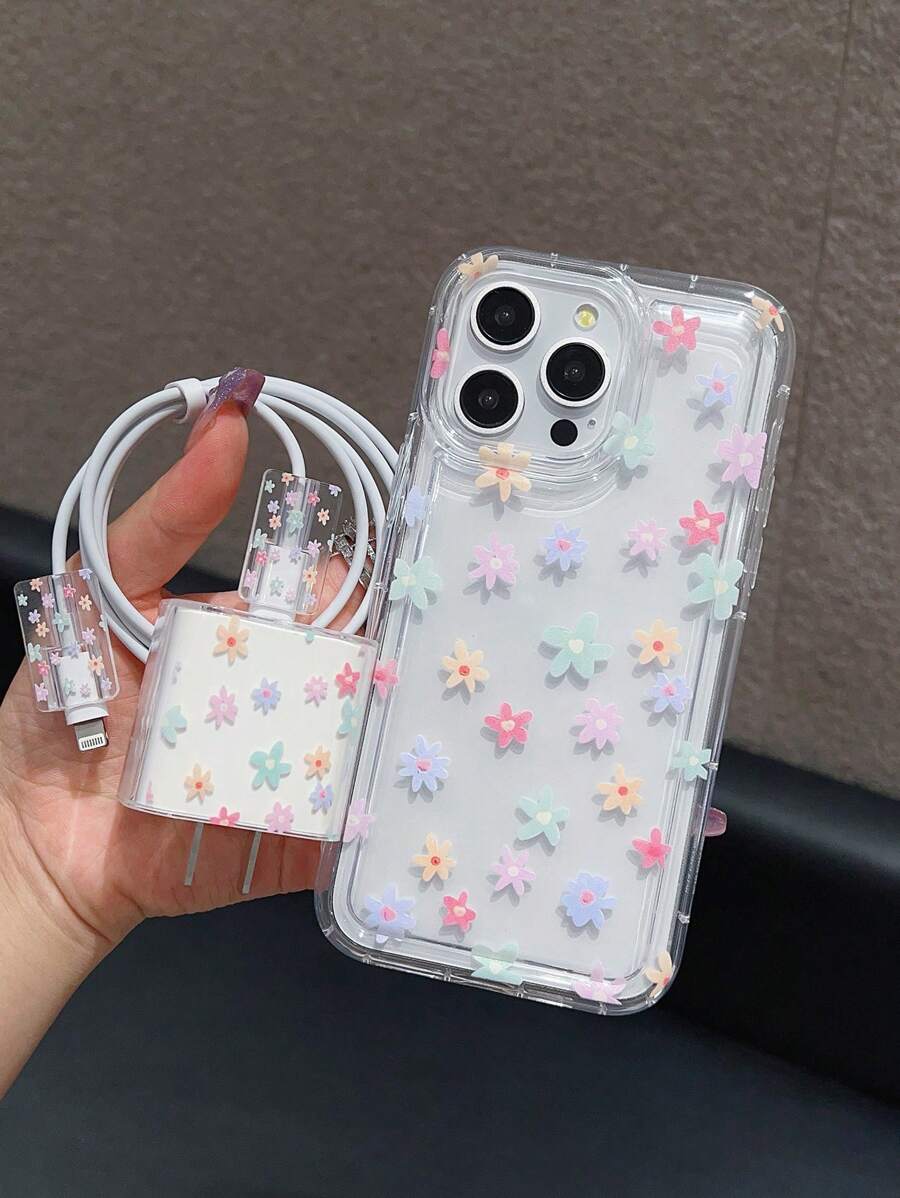 Colorful Floral Pattern Air Cushion Phone Case + Charger Protector Cover & Anti-Bite Cable Organizer