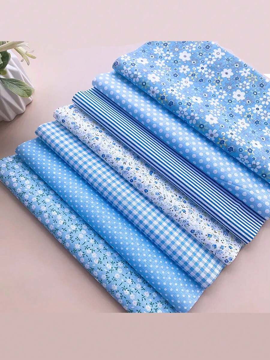 7pcs Floral Patchwork Multicolor Fabric Set, Flat Pattern Floral Cloth For DIY Sewing, Scrapbooking, Quilting; 7pcs 9.84*9.84 Inch(25*25cm) Blue Cotton Fabric Scraps For Handmade Doll Clothes, Quilting, Patchwork; 7pcs Blue Floral Woven Square Quilting Fabric For Clothing Patches And Handmade DIY Floral Textiles