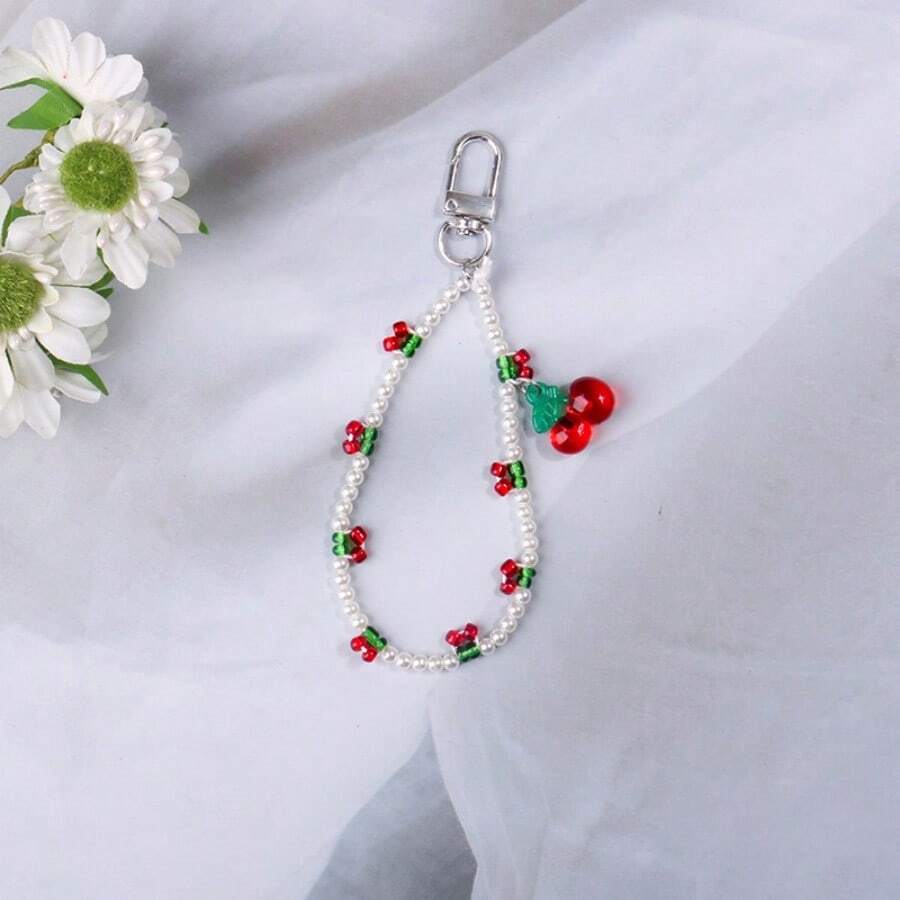 1 peça Estilo Coreano das Mulheres Cereja INS Fofo e Fashion com Laço e Pérolas Falsas e Contas de Cereja de Resina para Decoração de Celular, Bolsa, Chaveiro