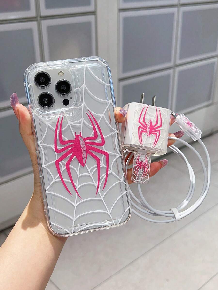 1 Set Includes: Rose Red Cobweb Inflating Phone Case + Charger Protector + Anti-Bite Cable Sleeve