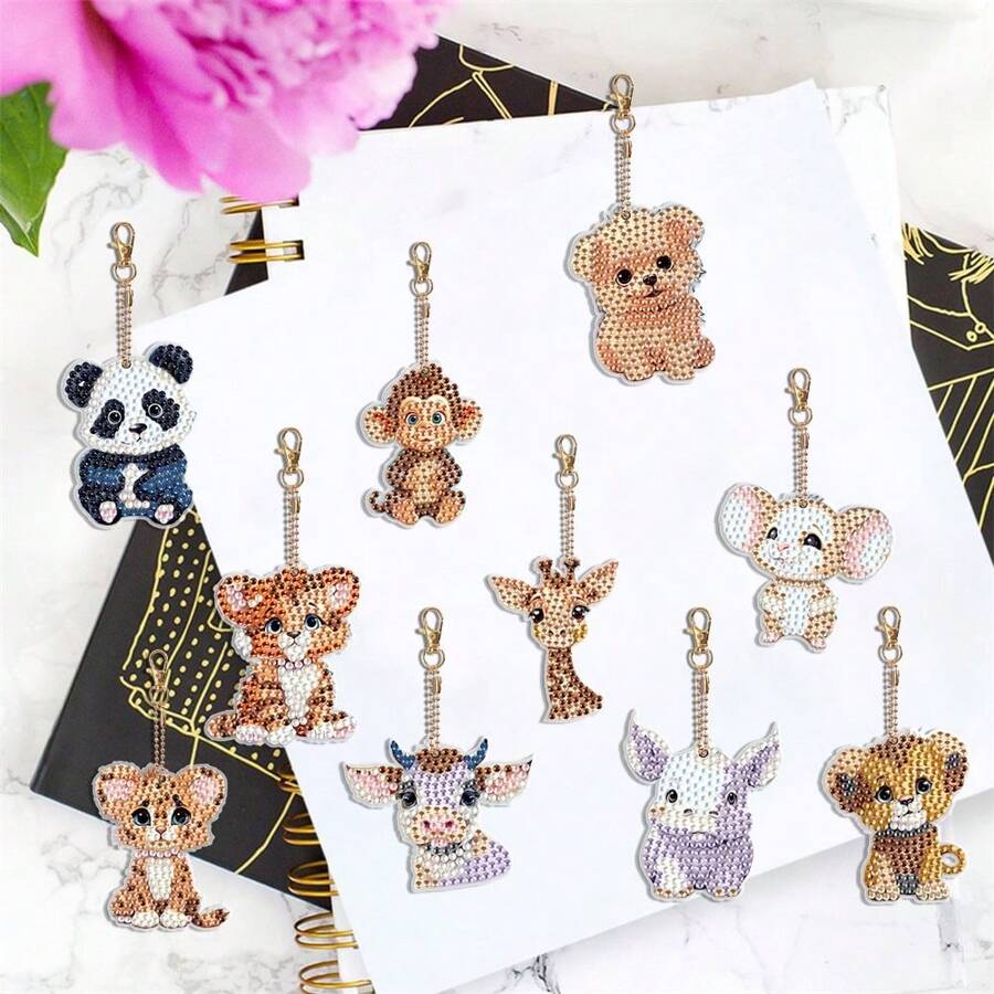 10 Stück Cartoon Tier geformter Diamant-Malerei Schlüsselanhänger Set - DIY Diamant Mosaik Rucksack Schlüsselanhänger - Bastelgeschenke für Weihnachten, Halloween, Geburtstagsfeiern