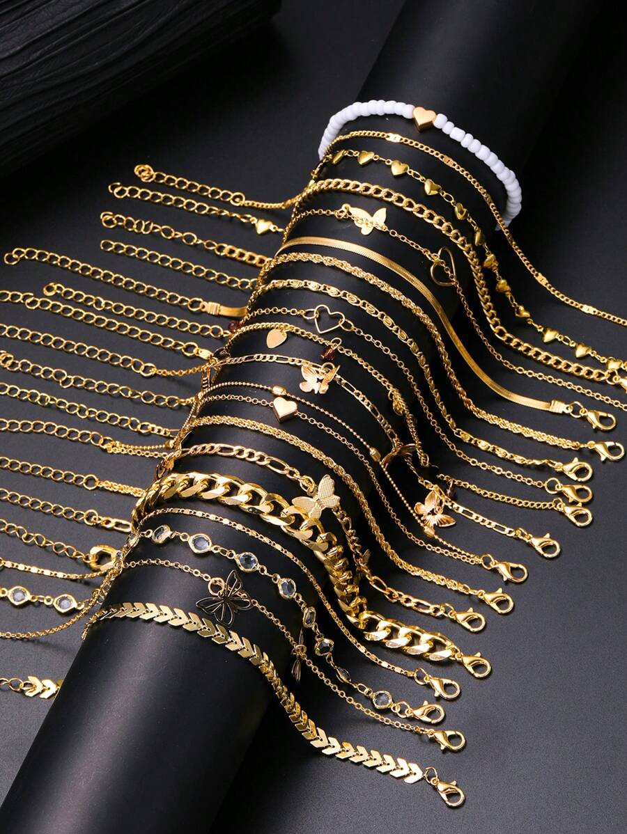 1 pièce Chaîne de cheville mode en métal avec pendentif délicat et rétro en forme de cœur papillon avec perles, strass et franges. Ensemble de plusieurs pièces pour plage, vacances, festival, rendez-vous, cadeau, port quotidien. Saint-Valentin, Mère, Fête des Mères, Cadeau