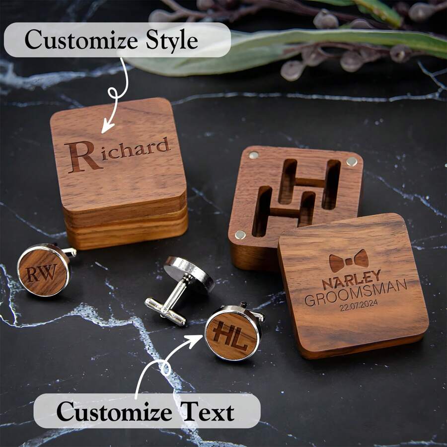 Boutons de manchette personnalisés, cadeau de marié, boutons de manchette en métal avec boîte en bois, boutons de manchette pour mariage, événement de soirée unique, cadeau commémoratif d'anniversaire de mari, fête des pères, cadeau exquis et significatif pour papa