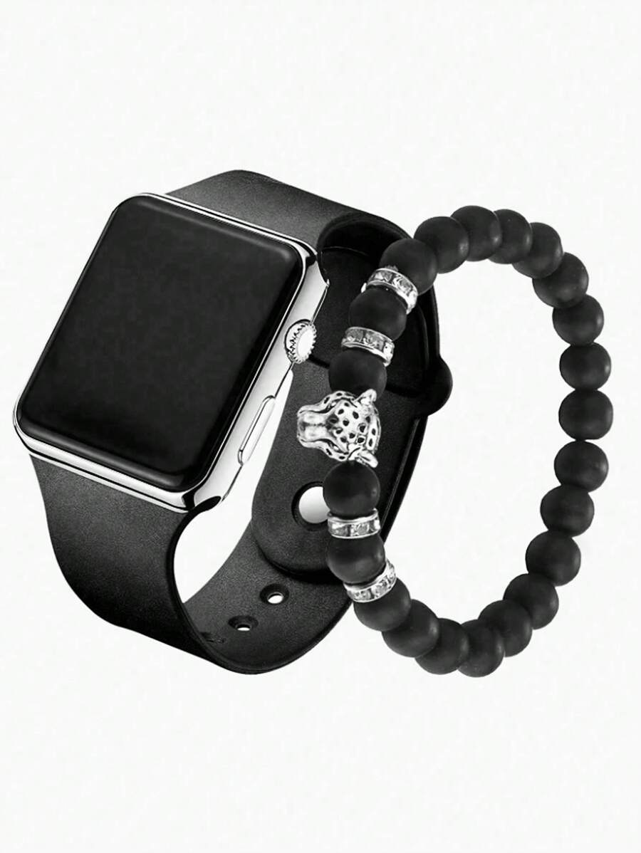Conjunto de 2 piezas de reloj digital LED casual y brazalete con forma de león para deportes