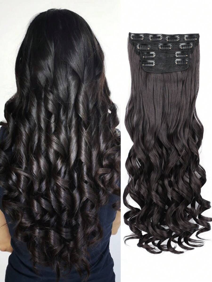 Extensiones de cabello con clip de fibra sintética ondulada de 20 pulgadas de largo, clip de cabello sintético grueso y suave para uso diario para mujeres (Marrón Oscuro)