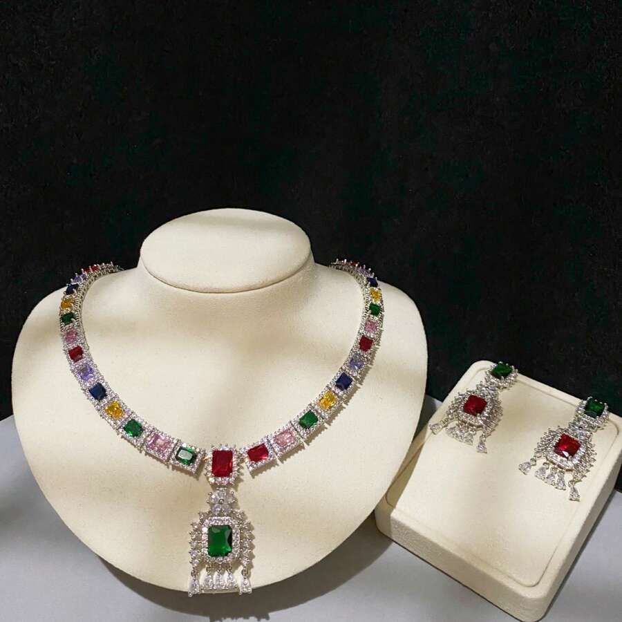 Conjunto de joyería para mujer, Collar de piedras preciosas de colores y conjunto de aretes, Cobre con circonia cúbica AAA, Conjunto de accesorios de moda de vestido de noche nupcial elegante y exagerado