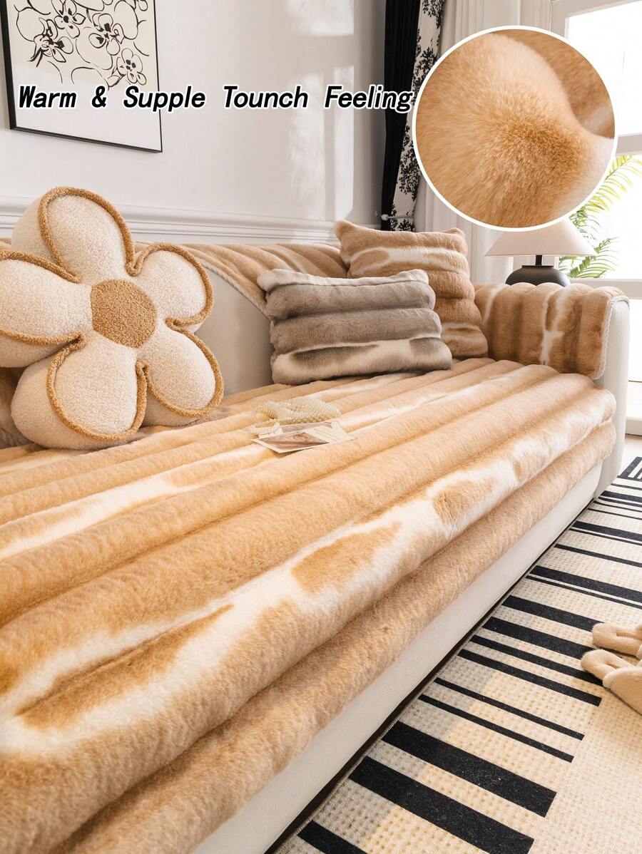 1pc Rabbit Fur Sofa Cushion Cover, Tie-dye Style, Ins Fashion, Thickened, Warm, Protective, Anti-slip And Anti-scratch Sofa Cover For Winter