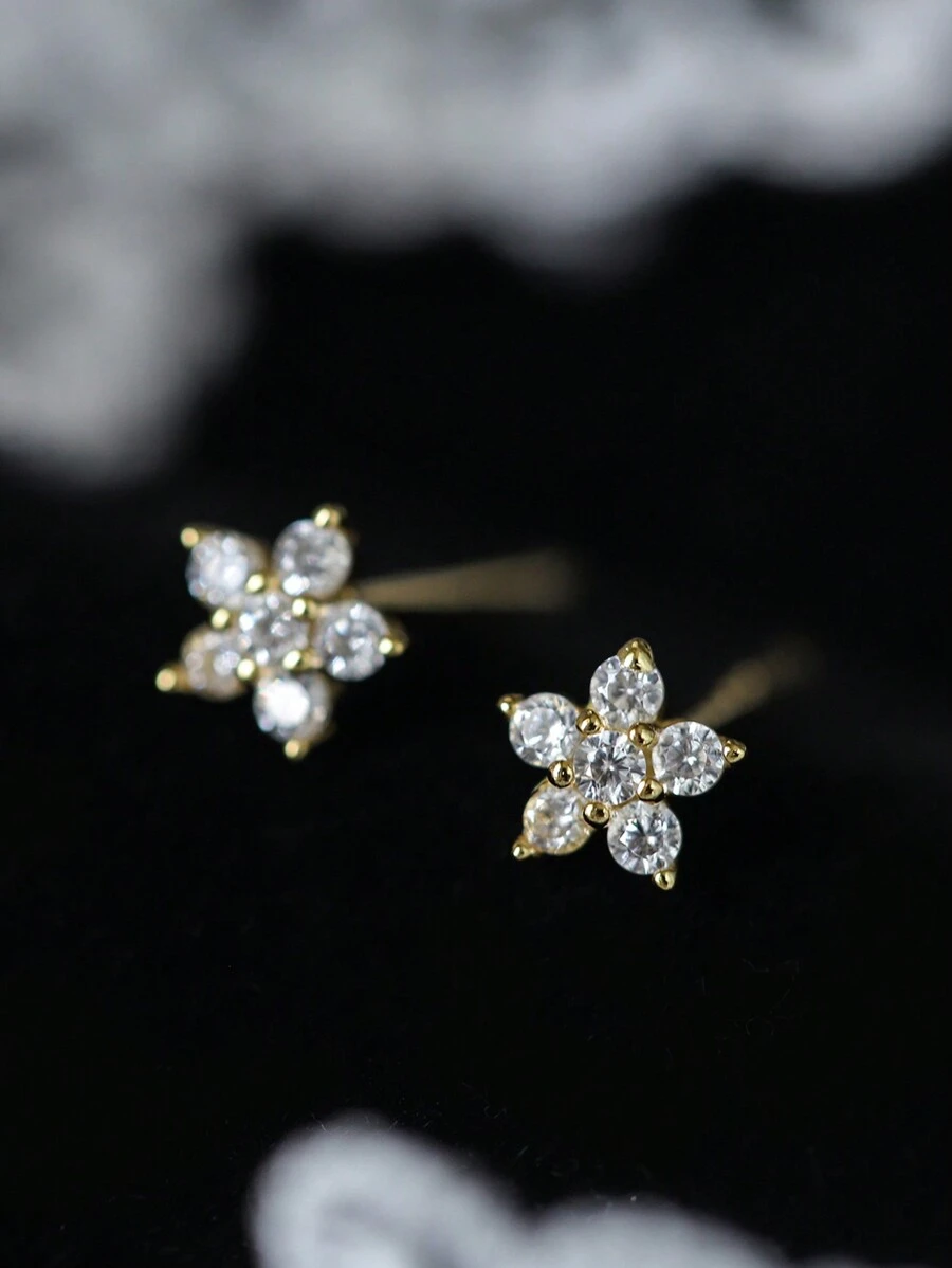 Boucles d'oreilles pour femmes en argent pur S925 en forme de fleur de prunier avec zircone, style frais et élégant