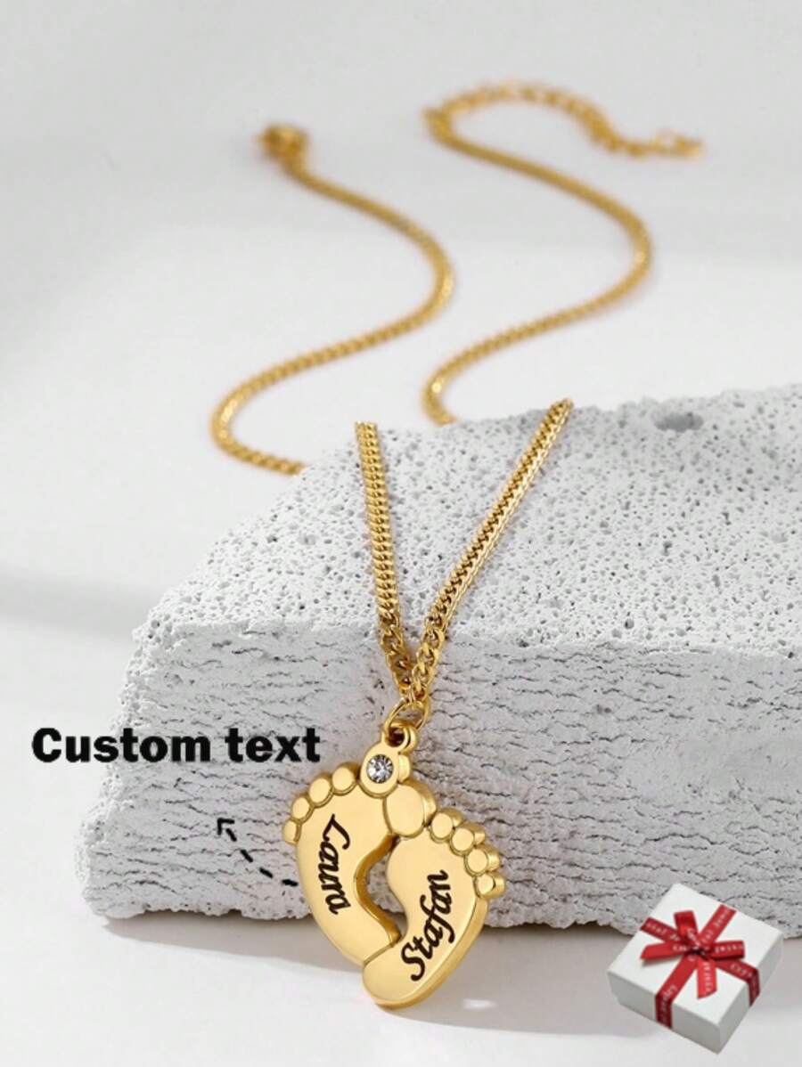 Personalized Fashion Zirconia Footprint Name Pendant Stainless Steel Customized Engraved Name Necklace Vintage Chain Necklace For Men Women Family Party Jewelry Birthday Anniversary Christmas Gift For Her