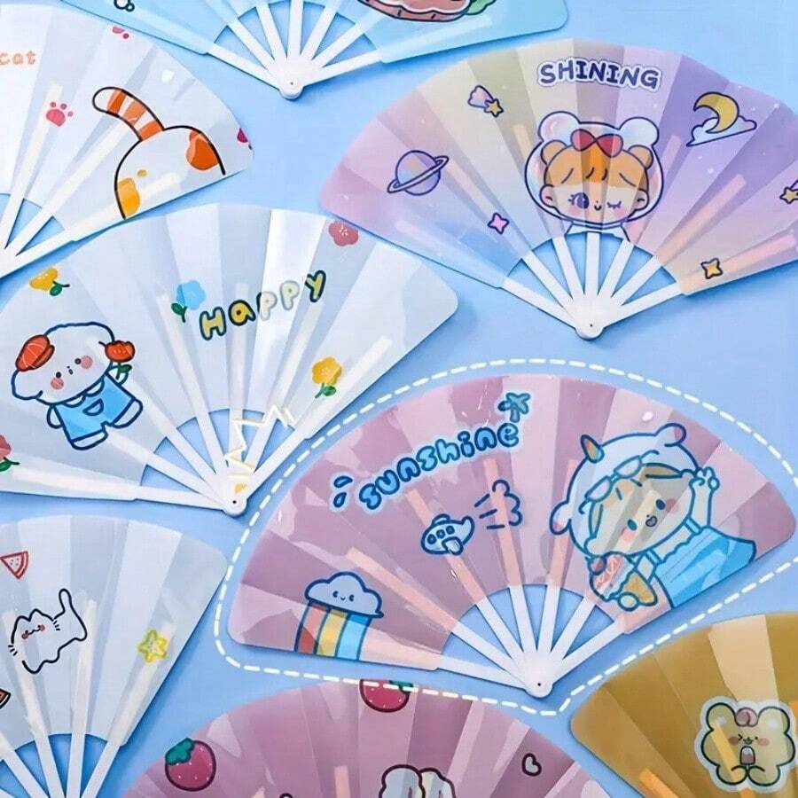 2pcs Summer Folding Fan, Cute Cartoon Pattern Seven-Fold Small Fan, Gifts For Her, Girls Carry-On Hand Crank Fan, For Home Room Living Room Office Decor, Christmas Valentine's Day New Year Gift