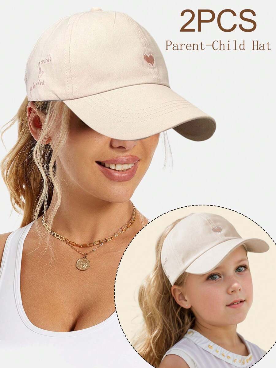 1 pezzo / 2 pezzi Cappellino da baseball con ricamo a forma di cuore per genitore e figlio, con apertura per la coda di cavallo, adatto per uso quotidiano