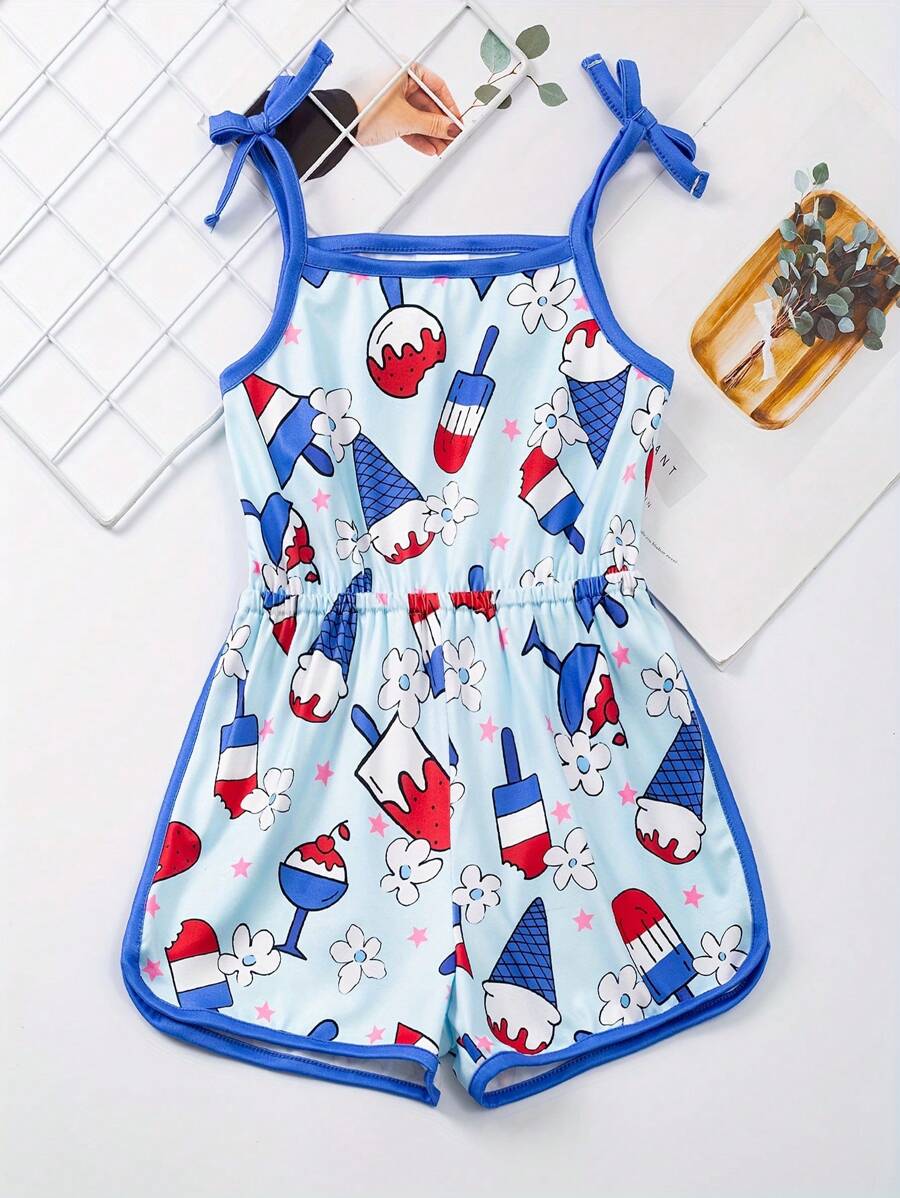 Young Girl Stretchy American Flag Style Ice Cream Print Jumpsuit, Casual Bow Decor Romper For Summer Independence Day Gift