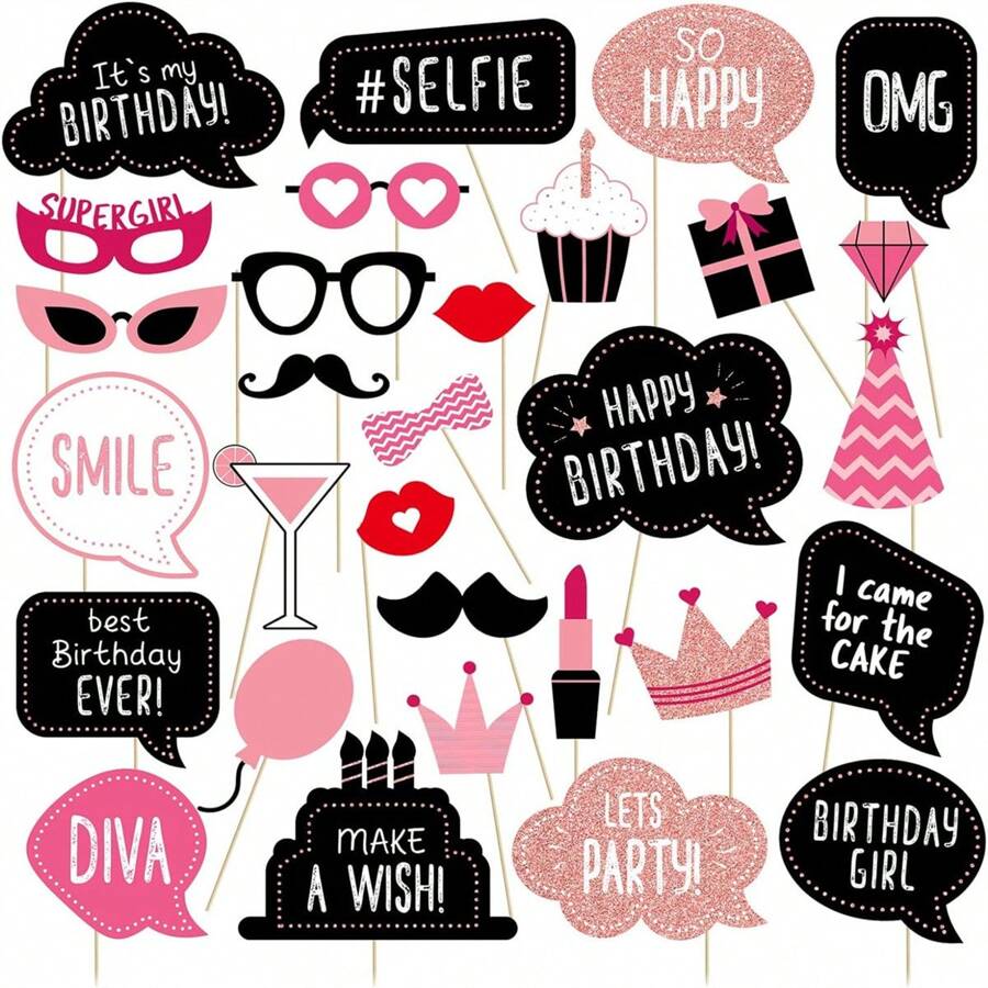 30 Piece (Rose Gold) Birthday Photo Booth Props Holiday Kit - Happy Birthday Party Favor Supplies Party Decoration Set With Real Glitter Sign Pose Kit