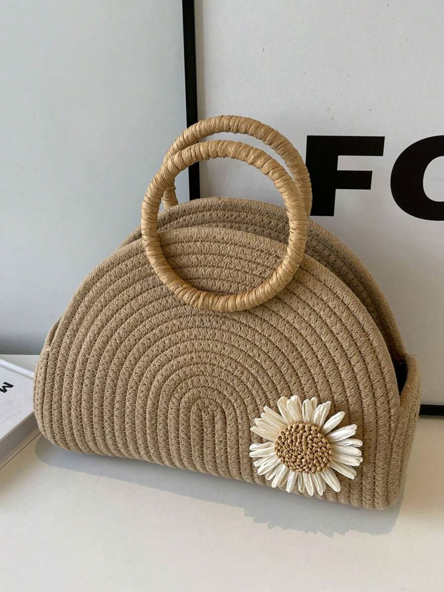 Bolso de paja informal con gran capacidad y diseño unicolor con decoración de flores, bolso de mano con asa superior, adecuado para vacaciones, al aire libre, viajes, playa, universidad/aula universitaria, mujeres, chicas y estudiantes universitarios