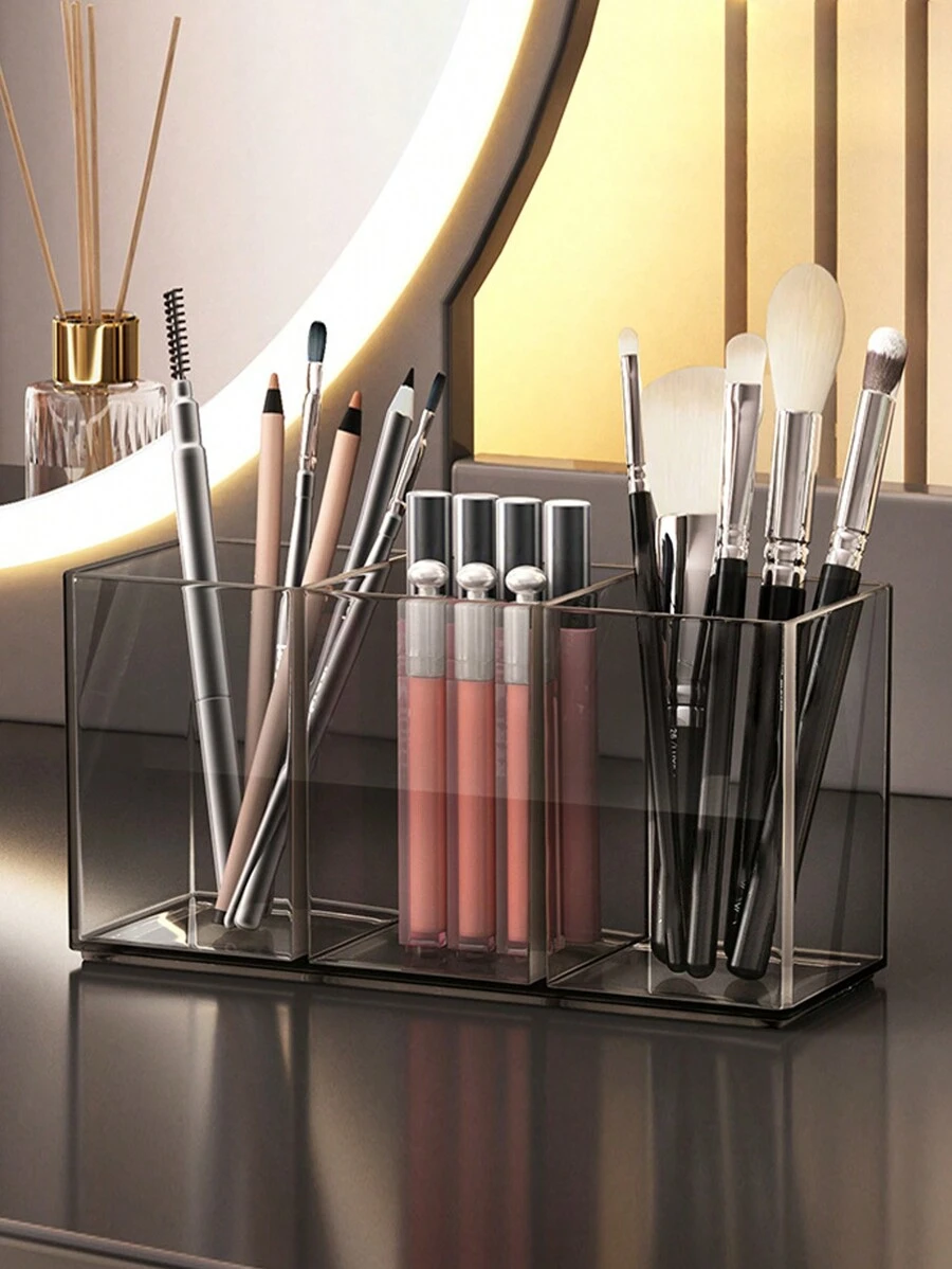 1pc Acrylic Brush Holder, Clear Plastic Cosmetic Brush Holder For Desk, Perfect Makeup Organizer Solution For Makeup Brushes, Pencils In Bathroom, Bedroom, Decor, Storage, Travel Essentials