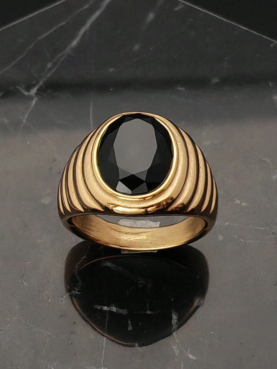Men Jewelry Gold 18K Plated 316 Stainless Steel Fashion Solid High Quality Black Stone Rings