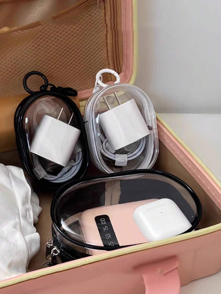Portable Mini Clear Zipper Storage Bag, Compact Multifunctional Organizer, Earphone And Charger Case With Keychain Loop, Transparent Travel Accessory