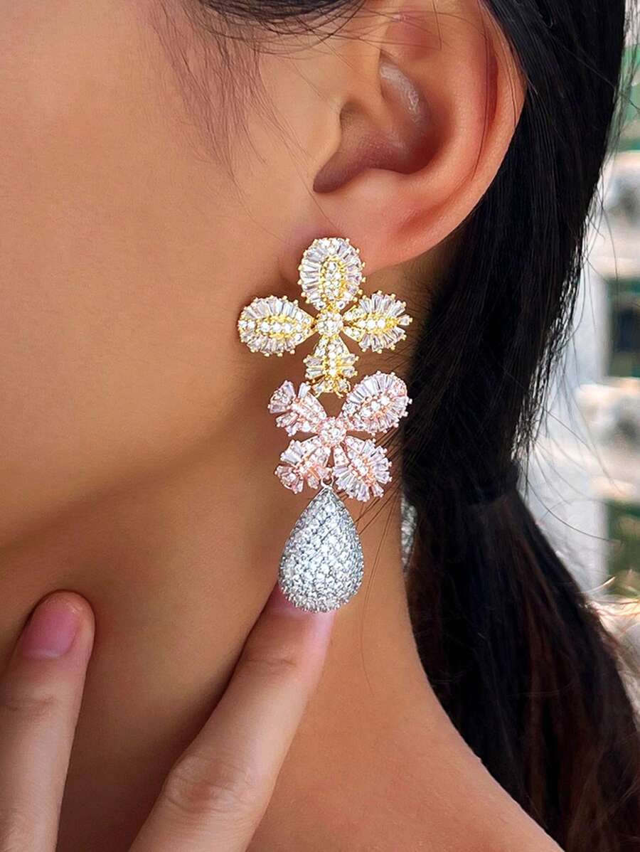 1 paar Multi 3-tone vergulde glanzende kubieke zirkonia grote luxe dikke lange bungelende waterdruppelbloem oorbellen voor vrouwen, statement bruiloft feest bruidssieraden