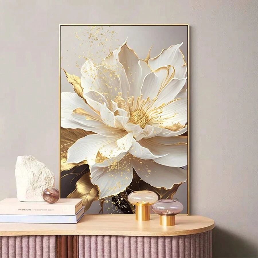 1 pieza/Sin marco, Pintura decorativa de flores blancas florecientes con hojas doradas, cuadro de arte de pared de lona, impresiones de lujo para decoración moderna del hogar en la sala de estar