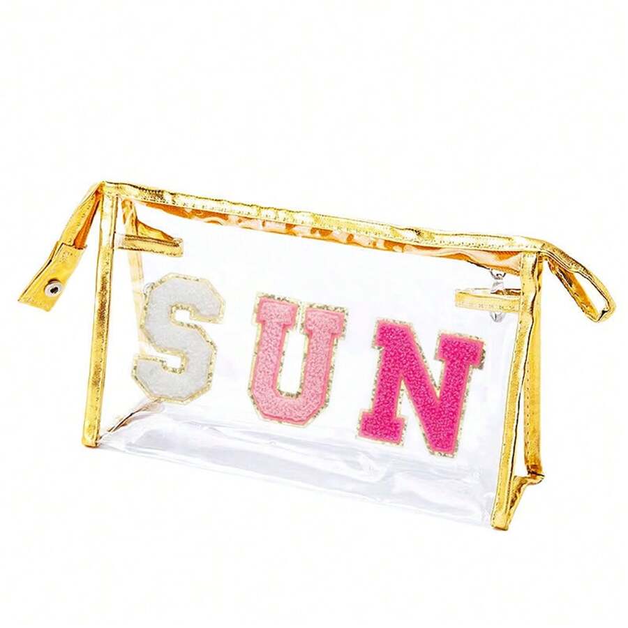 1pc Transparent Zipper Letter Pencil Case, Multifunctional PVC Travel Pouch, Clear Toiletry Makeup Bag, Water-Resistant Storage Bag