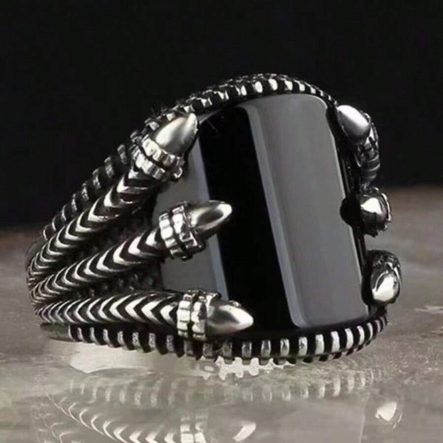 1pc Vintage Personalized Artificial Gemstone Decorated Silver-Color Alloy Ring Suitable For Men's Daily Punk Style