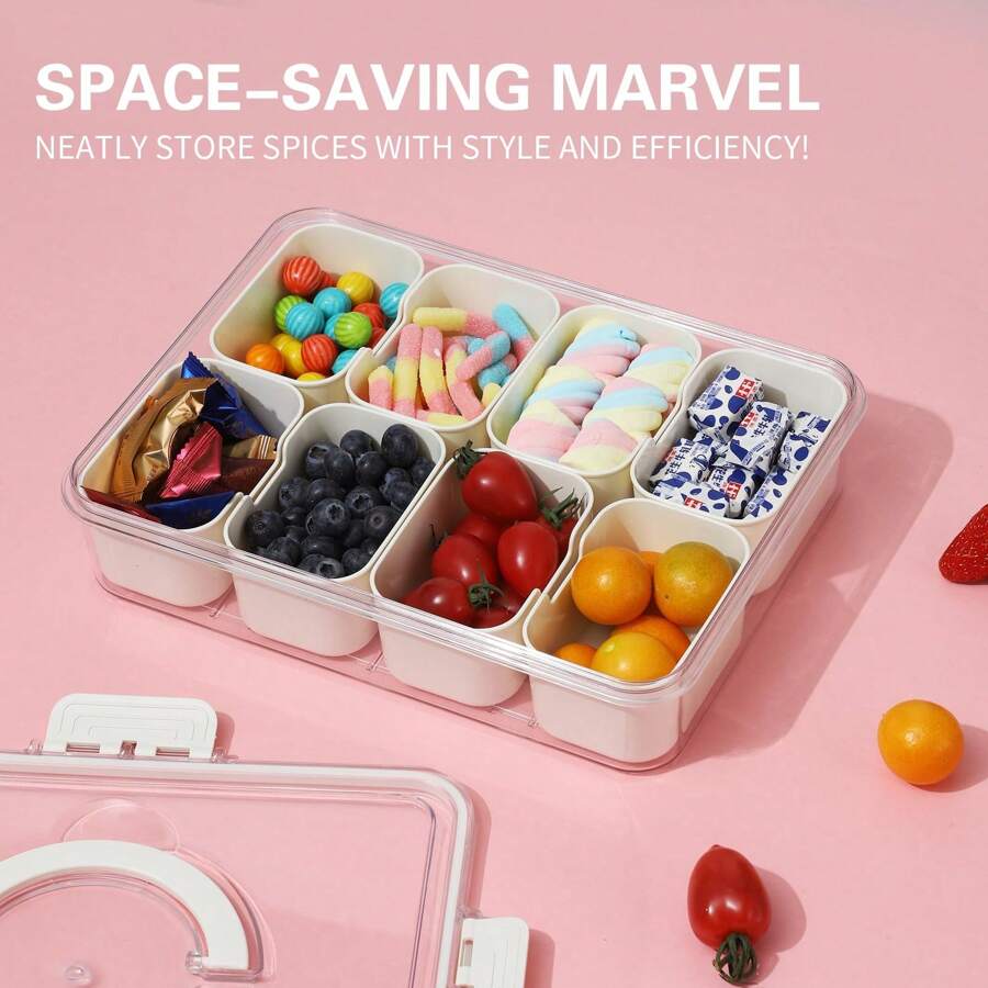 JYPS Caja de refrigerio con tapa y asa - bandeja de comida dividida para bandeja de barbacoa, recipiente transparente de almacenamiento para dulces, verduras, frutas, nueces y especias; contenedor de refrigerio portátil para fiestas y picnics