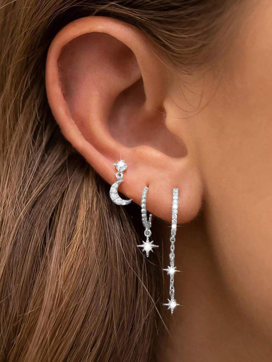3pieces Small Hoop Earrings Set For Women, Tiny Lightweight Cubic Zirconia Cuff Huggie Earrings Cartilage Earring Piercing Jewelry For Women Girls