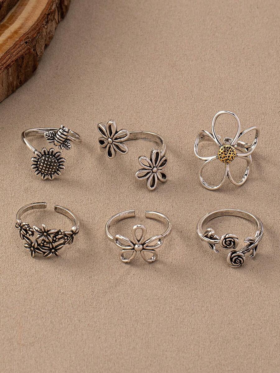 1pc Vintage Bohemian Style Petite Rose Flower Cutout Sunflower Open Ring Adjustable Size Valentines,Mom,Mother,Mother's Day,Gift