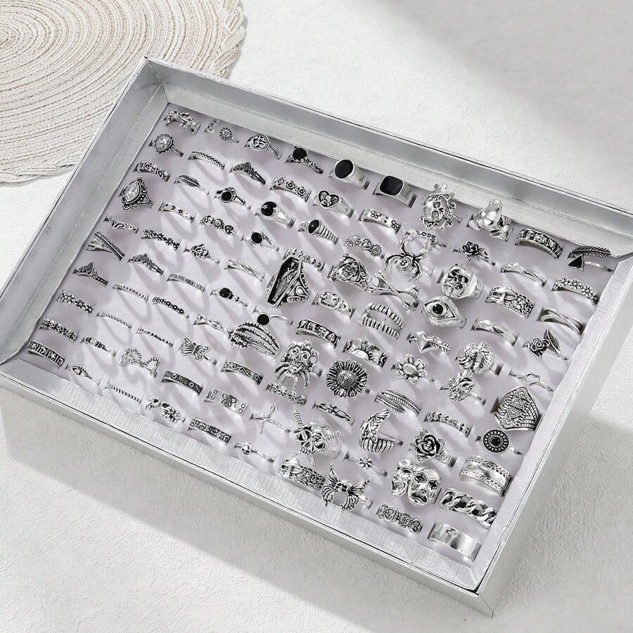 40pcs Chic Gothic Style Mixed Rings Set Adorned With Cubic Zirconia, Suitable For Vacation, Party, Date, Daily Wear, Festival, Family, Friends, Gift (No Box)