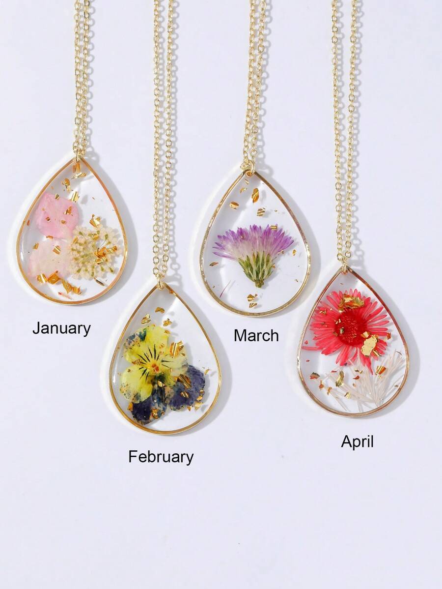 1pc Exquise handgemaakte hars gedroogde bloemen hanger ketting, waterdruppelvorm, 12 maanden geboorte bloemenontwerp inclusief roos, pioenroos, flox, zwaluw en narcis. Bloemen accessoires geschikt voor dagelijks gebruik en als cadeau. Valentijnsdag, moeder, moeder, Moederdag, cadeau