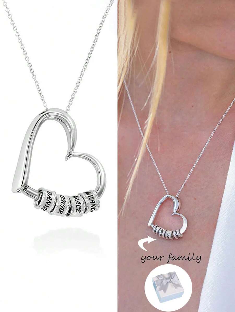 Personalized Customized Hollow Heart Sharp Necklace For Mother's Day Women's Famliy Names Beads Necklace For Gift For Mama