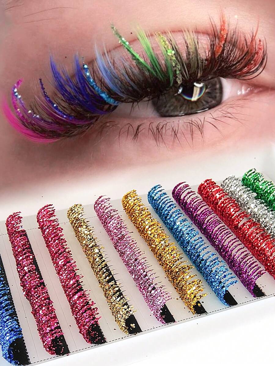 aHoneya 1 Case 12 Rows Glitter Eyelash Summer Colorful Shiny Lashes Wedding Concert Party Eye Lash 10-15mm Silvery Blue Green Purple Pink Yellow Gold Eyelashes