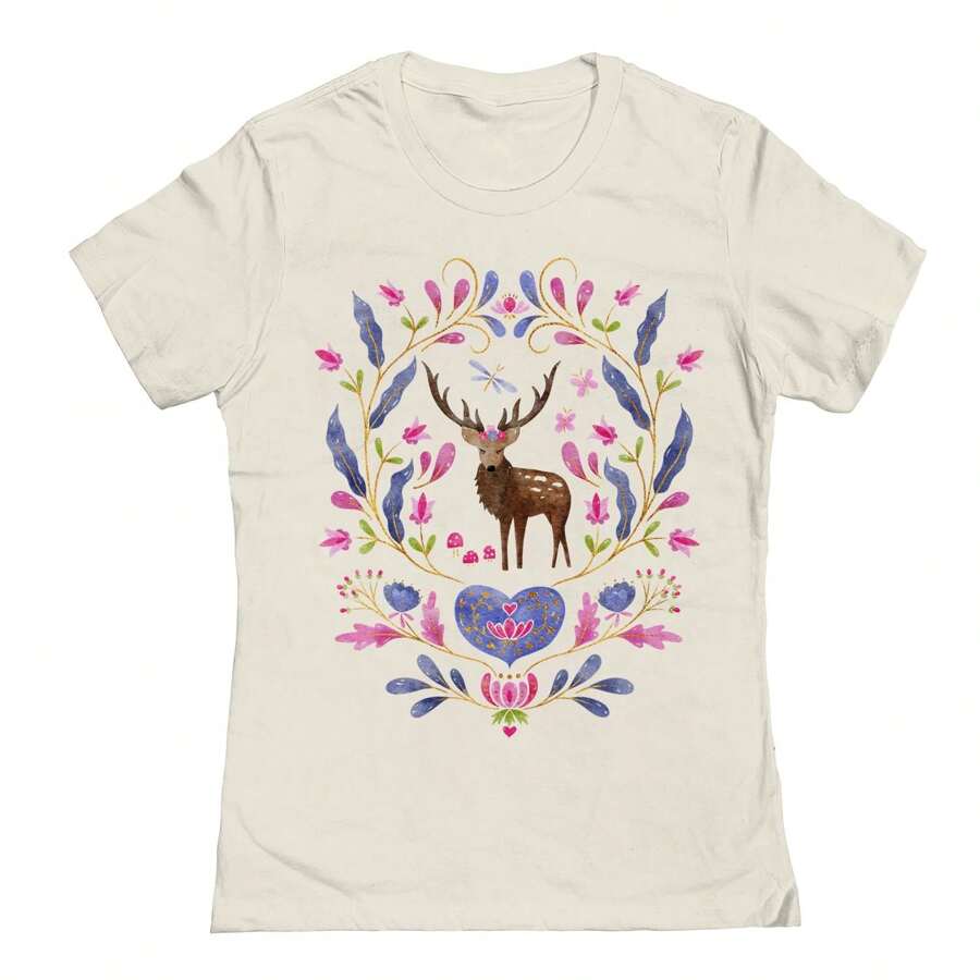 Nearly There Floral Stag | Pink And Blue Graphic Ladies Cotton T-Shirt