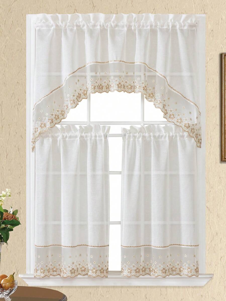 Bamboo Yarn Fabric Contrast Mesh Lace, Exquisite Embroidery Technique, Suitable For Villa Kitchen Windows Curtains, Home Decor Curtains, Bedroom Curtains, Living Room Curtains, Door Curtains, Bathroom Curtains, Cafe Curtains, Wedding Party, 1 Set Of Curtains