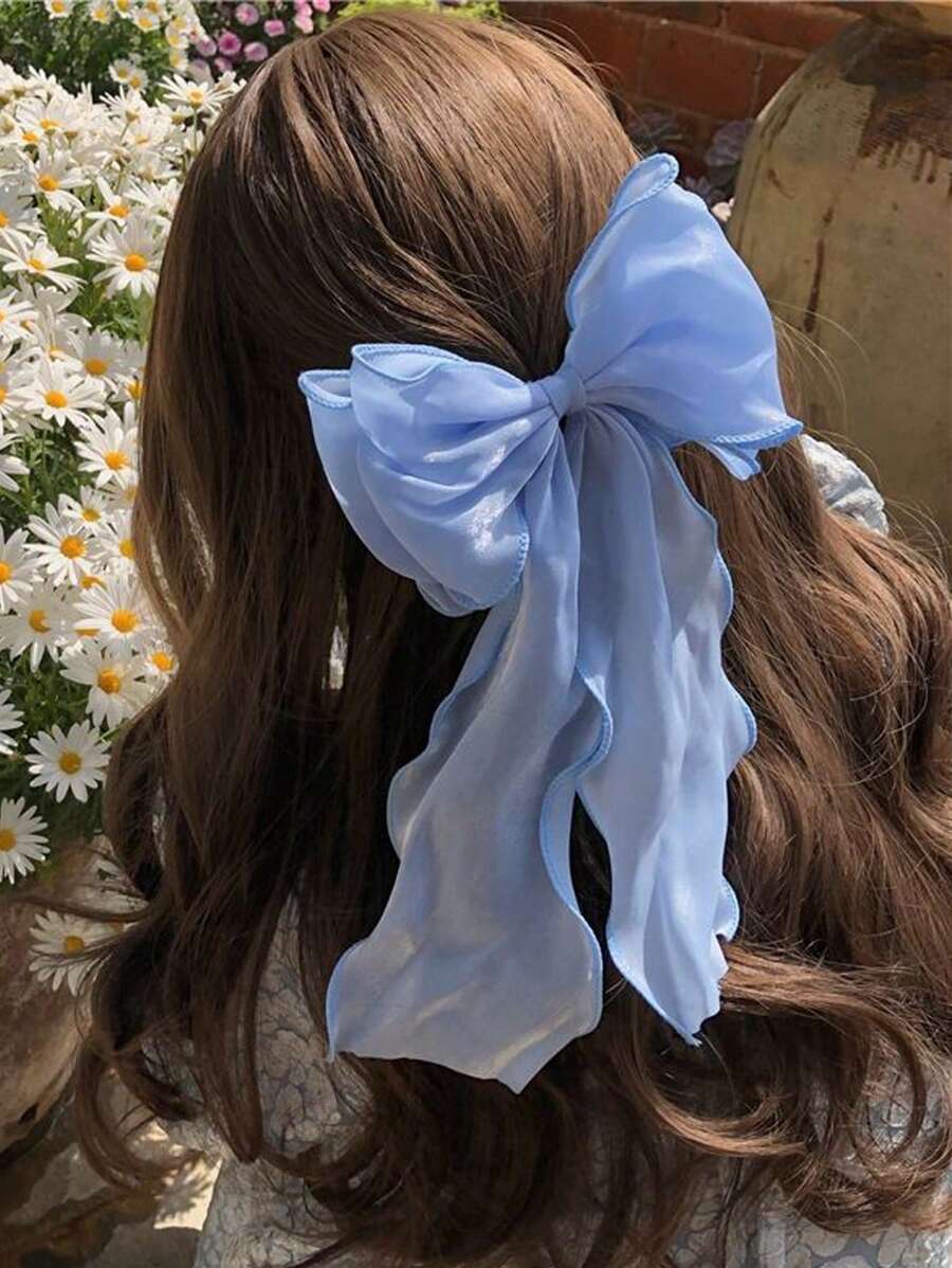 1pc Women's Oversized Blue Silk Satin Bow Hair Clip, 25cm/9.84in, Fashionable And Elegant, Minimalist Style, Solid Color Hair Accessory Suitable For Daily Wear, Parties, Commuting, Vacation, Facial Care, Makeup And Clothing Matching, Hair Accessories, And Accessories,Cat Ears Valentine's Day Claw Clips Hair Claws Hair Barrettes