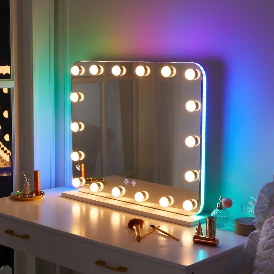 Vanity Mirror With Lights, Makeup Mirror With RGB Color Changing LED Lighted For Bedroom, Tabletop Mirror With 18 Dimmable Bulbs,3 Color Mode, Touch Control. Room Decor Mirror