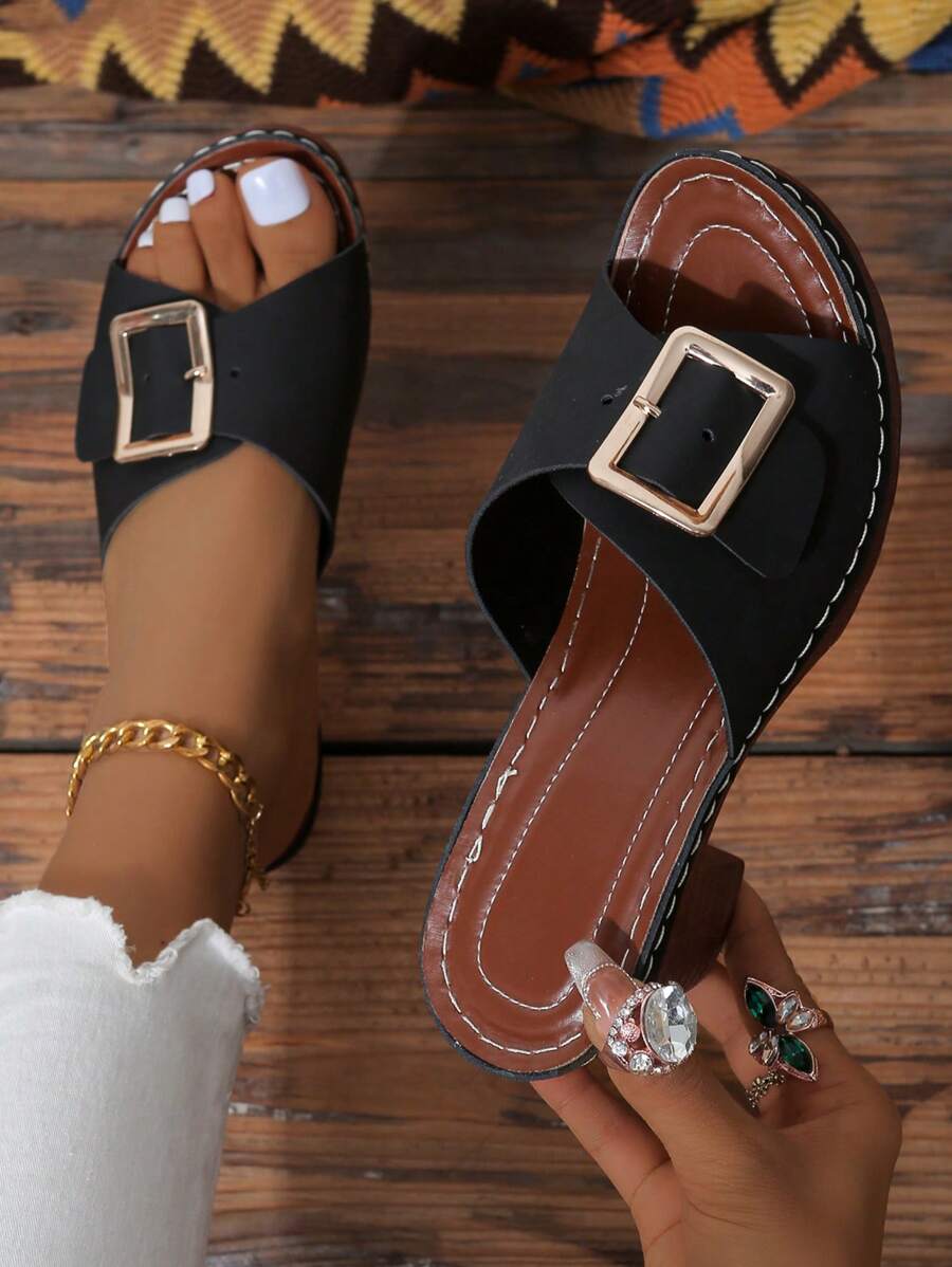 Ladies' Fashionable Metal Square Buckle Belt Design, Slip-Resistant, Breathable & Comfortable, Peep-Toe Wedge Heel Platform Sandals In Plus Size, Elegant Retro Style For Daily Wear, Work, Summer, Black Chunky Heel Slides