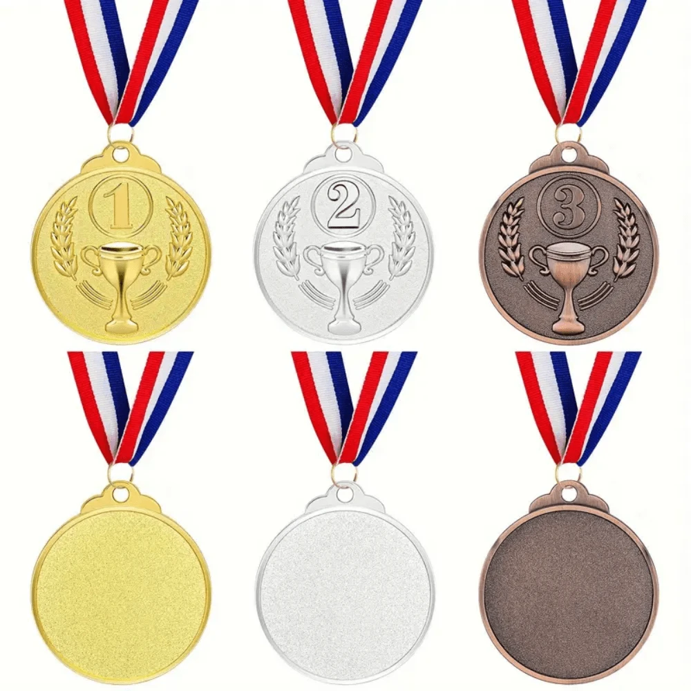 3 piezas de medallas de metal dorado/plateado/bronce con cinta, medallas de campeón de competencia deportiva adecuadas para competiciones deportivas, maratón, fútbol, baloncesto y otros eventos deportivos, suministros del día deportivo escolar, medallas conmemorativas y trofeos, regalos de medallas de aleación coleccionables para entusiastas del deporte