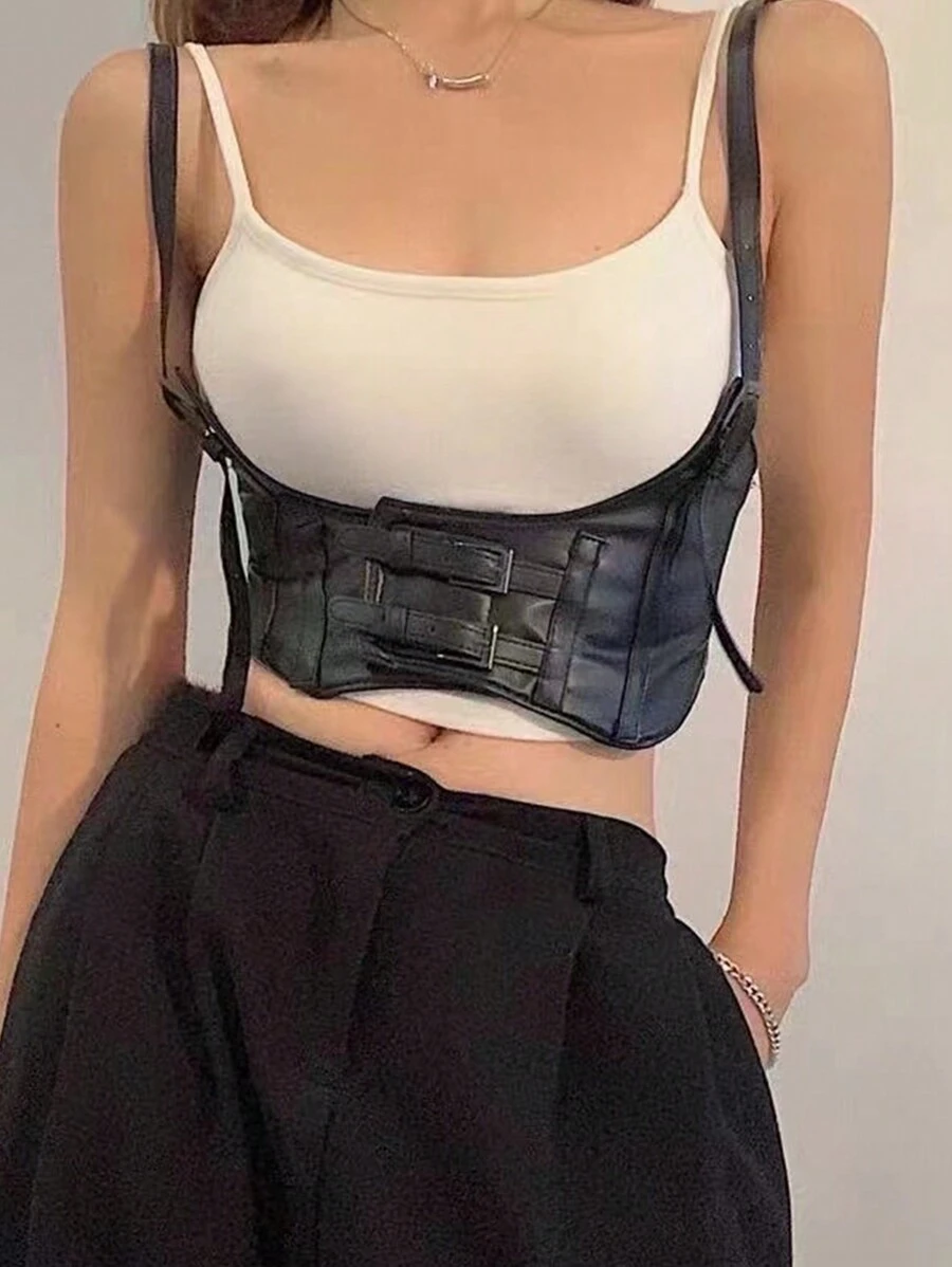 1 pieza Vestido de peto estilo vaquero occidental de corset negro para mujer con cinturón decorativo, chaleco de moda punk para mujer, accesorios de cinturón de corset de Halloween para damas para vestir estilo vaquero occidental, vaquera, país, vintage, cinturón negro