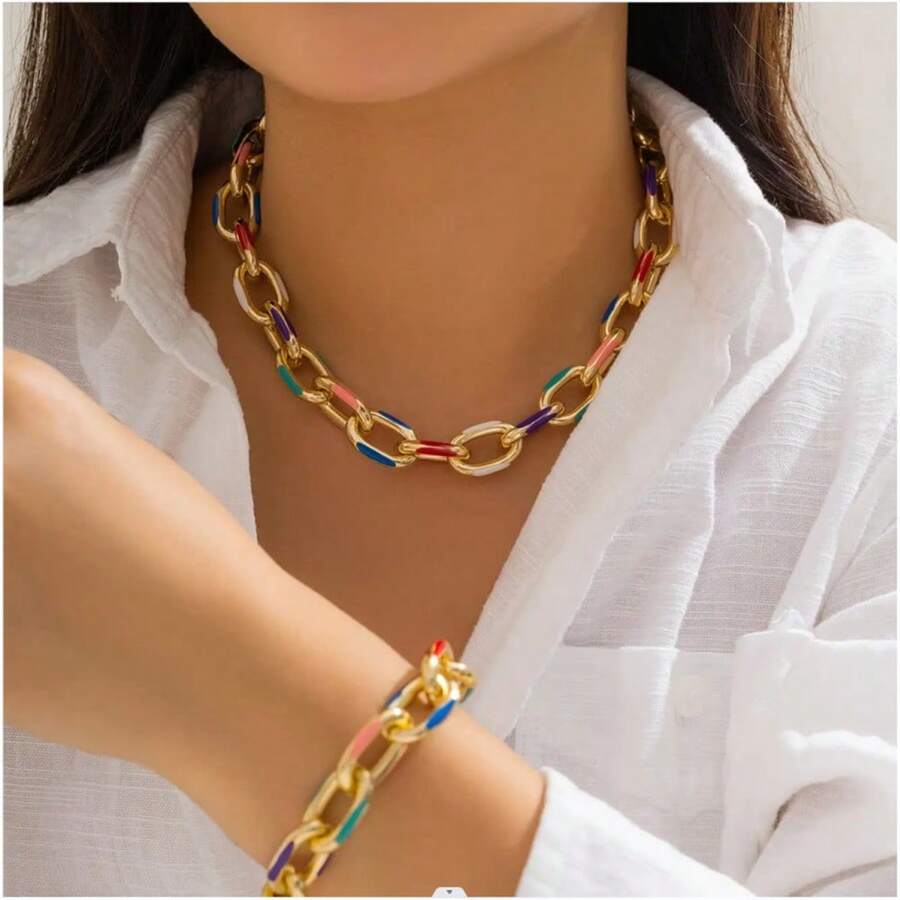 2 sztuk/zestaw kolorowe artystyczne modne Choker naszyjnik bransoletka zestaw biżuterii klasyczne krzyżowe akcesoria łańcuszkowe dla kobiet prezent Party