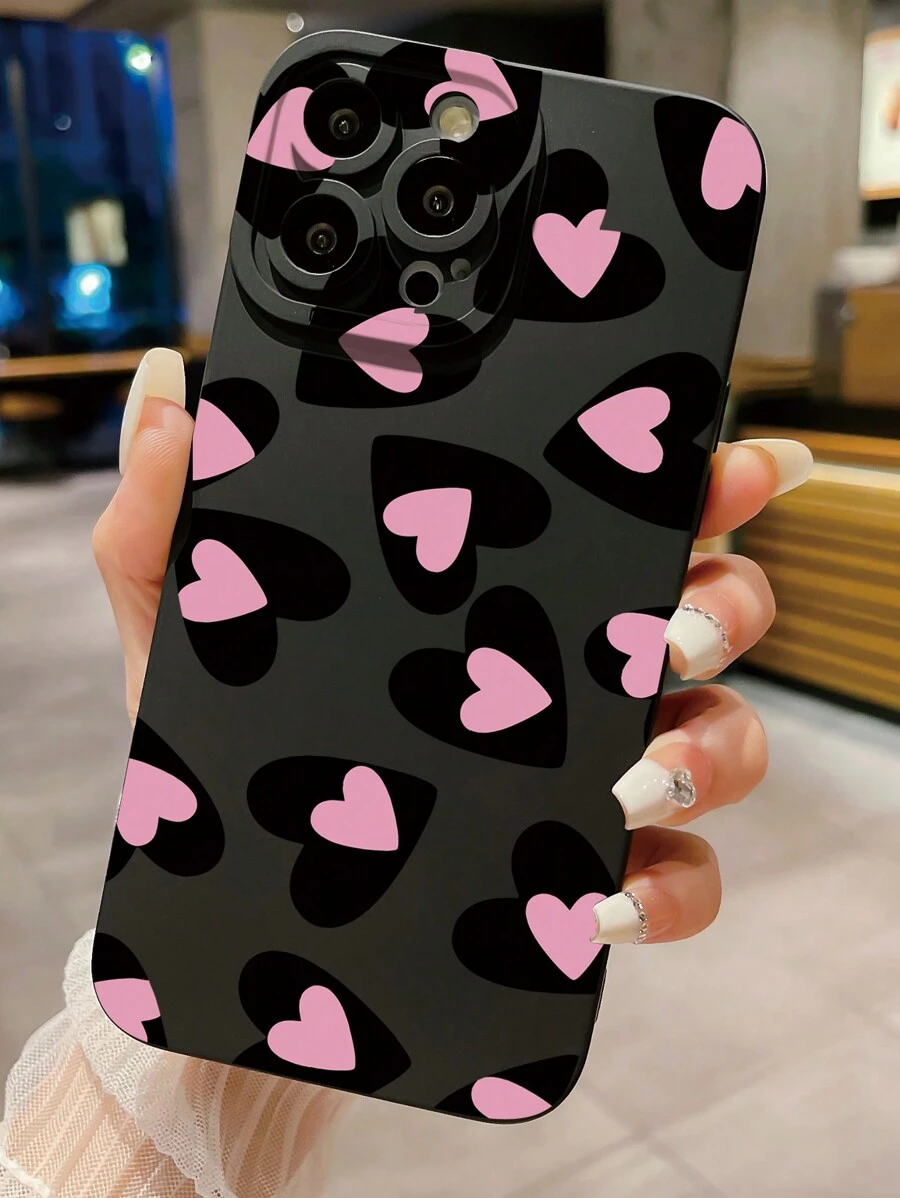 1 pieza Funda de teléfono con corazón rosa y negro giratorio 360° soporte de amor antihuellas con superficie mate compatible con / / / Redmi/ VIVO/ Infinix/ OPPO/ Reno