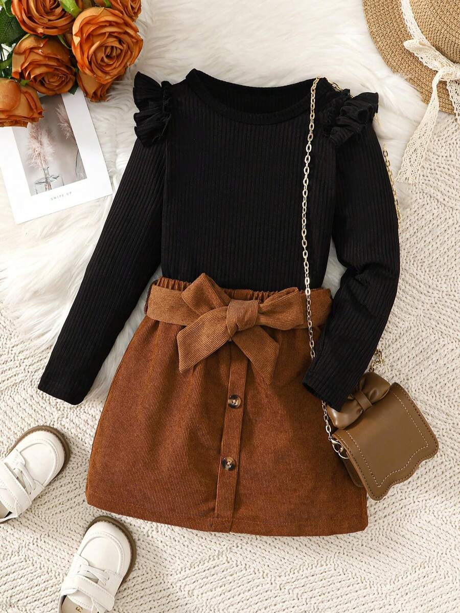 Conjunto de 3 piezas para niñas de 4 a 7 años, que incluye: blusa de manga larga con mangas cortas en negro, falda de pana de princesa con cinturón, conjunto de moda para uso diario, escuela y fiestas