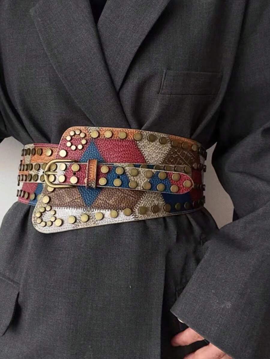 1 pieza Cinturón elástico de mujer con remaches de colores vintage, para faldas, blazers y decoración de vestidos, para uso occidental, vaquero, vaquera y de país, color marrón vintage