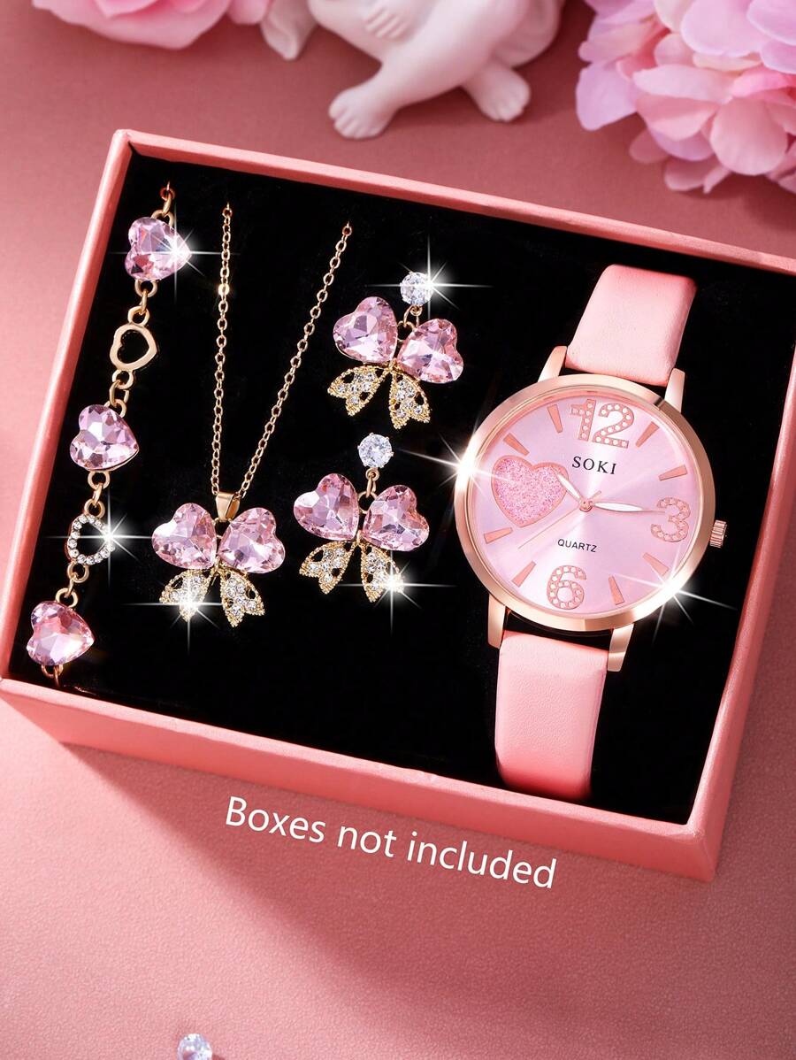 SOKI SOKI 5Pcs Ladies Watch Fashion Classic Casual Quartz Watch Clock Starry Sky Pink Women's Watch And Elegant And Luxurious Pink Cubic Zirconia Inlaid Butterfly Heart Design Jewelry Set Suitable For Daily Wear, Back-To-School Season, Graduation Season, Thanksgiving, Couples, The Best Gifts Watch Box Not Included