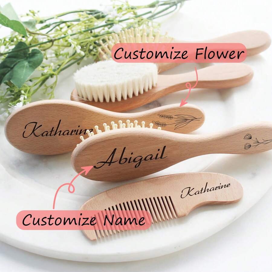 3 paquete de regalo para bebé de niñas con nombre personalizado, cepillo de pelo de bebé de madera personalizado, cepillo de bebé personalizado, regalo de baby shower para niñas, regalo de recuerdo para bebé