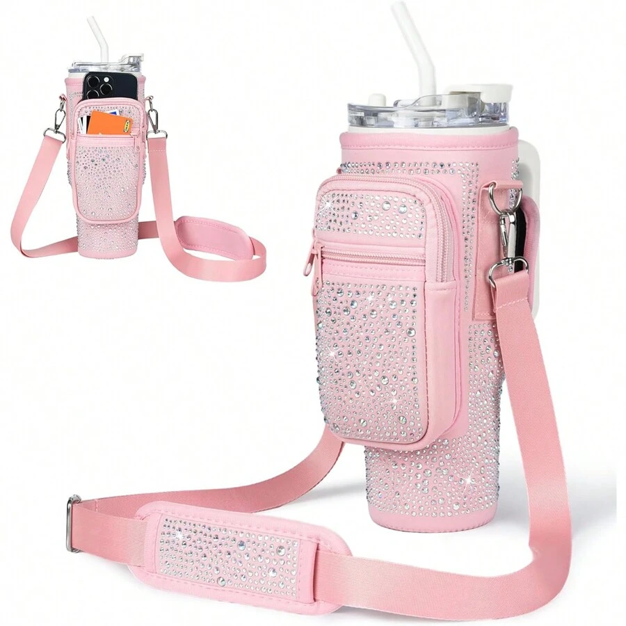 1pc High-Capacity Diving Material 40oz Insulated Cup Sleeve With Rhinestone Decoration, Adjustable Multi-Functional Cup Sleeve For Outdoor Activities Water Bottle