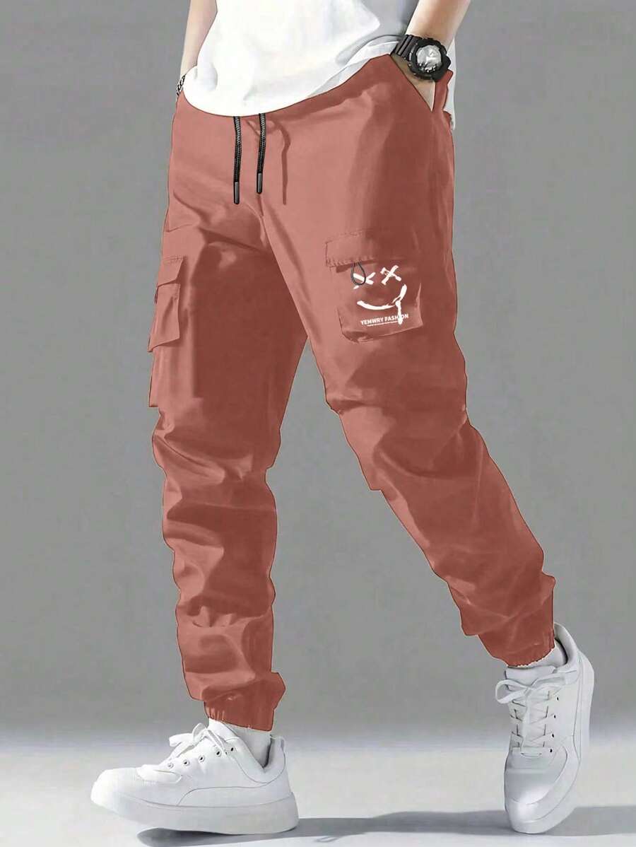 Tween Boy's Stylish Smile Face Print Casual Drawstring Waist, Back-To-School College Style Cargo Pants