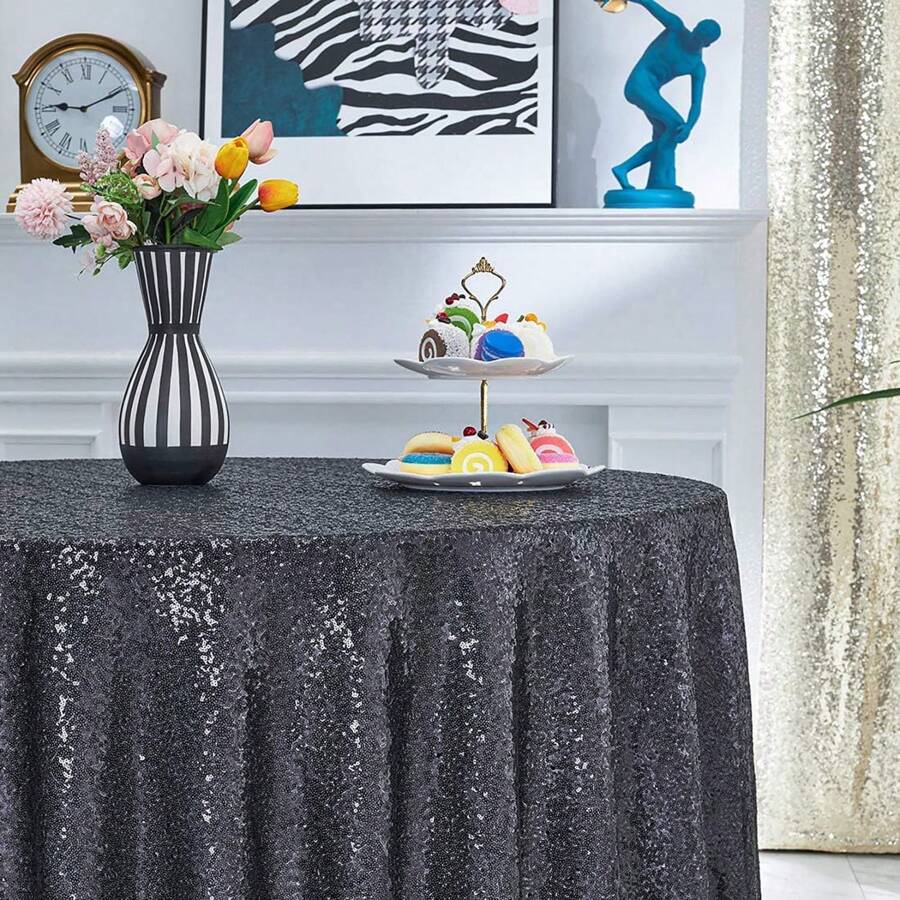 1pc Gold Sequin Glitter Table Cloth, Circular Glistening Draping Table Cloth Suitable For Wedding, Party, Cake Table, Holiday Events
