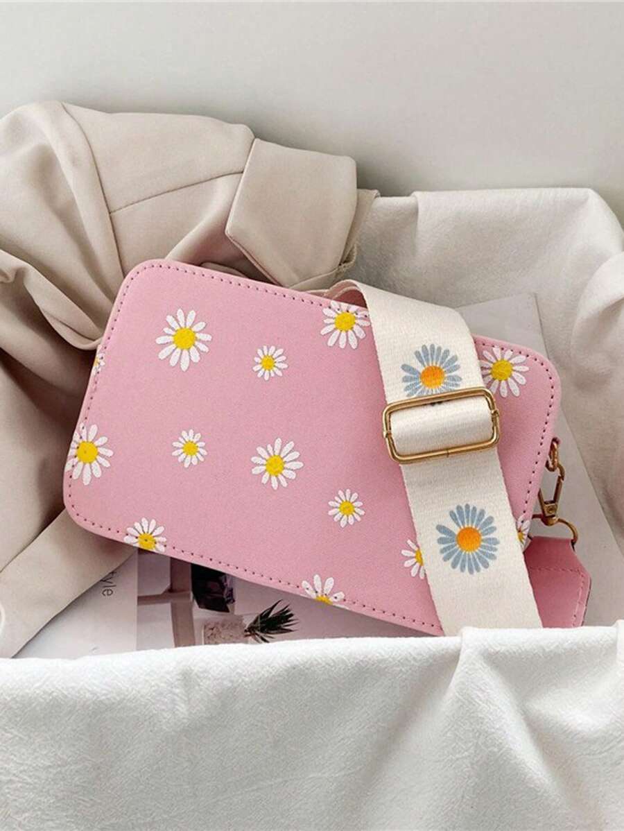 1pc Women's Embroidered Small Square Bag With Fashionable Wide Strap, For Crossbody Or Shoulder Use