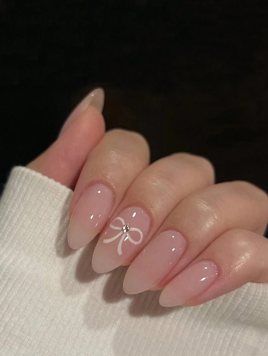 24pcs Long Almond Shaped Pink Romantic Gradient Bowknot Nail Stickers Set, Suitable For Women's Daily Wear In Spring And Summer To Enhance Your Style Press On Nails Nail Supplies